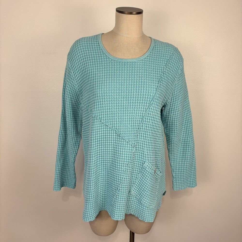 Focus Casual Life M Waffle Knit Top Blue Cotton Long Sleeve Lagenlook Tunic